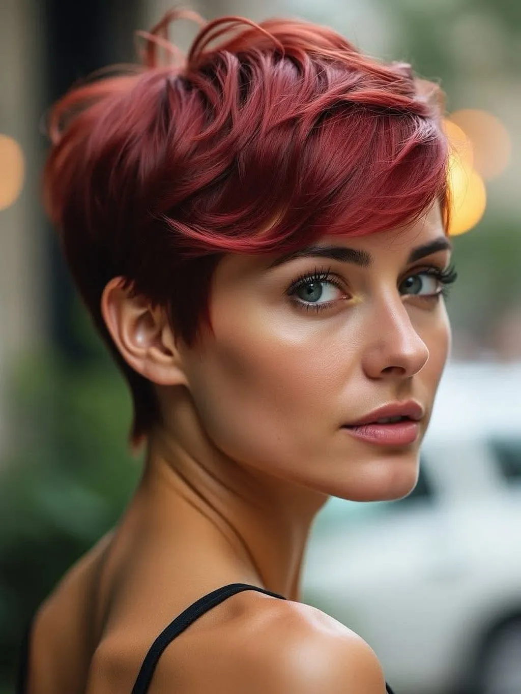 Red pixie with a voluminous swept top and short tapered sides