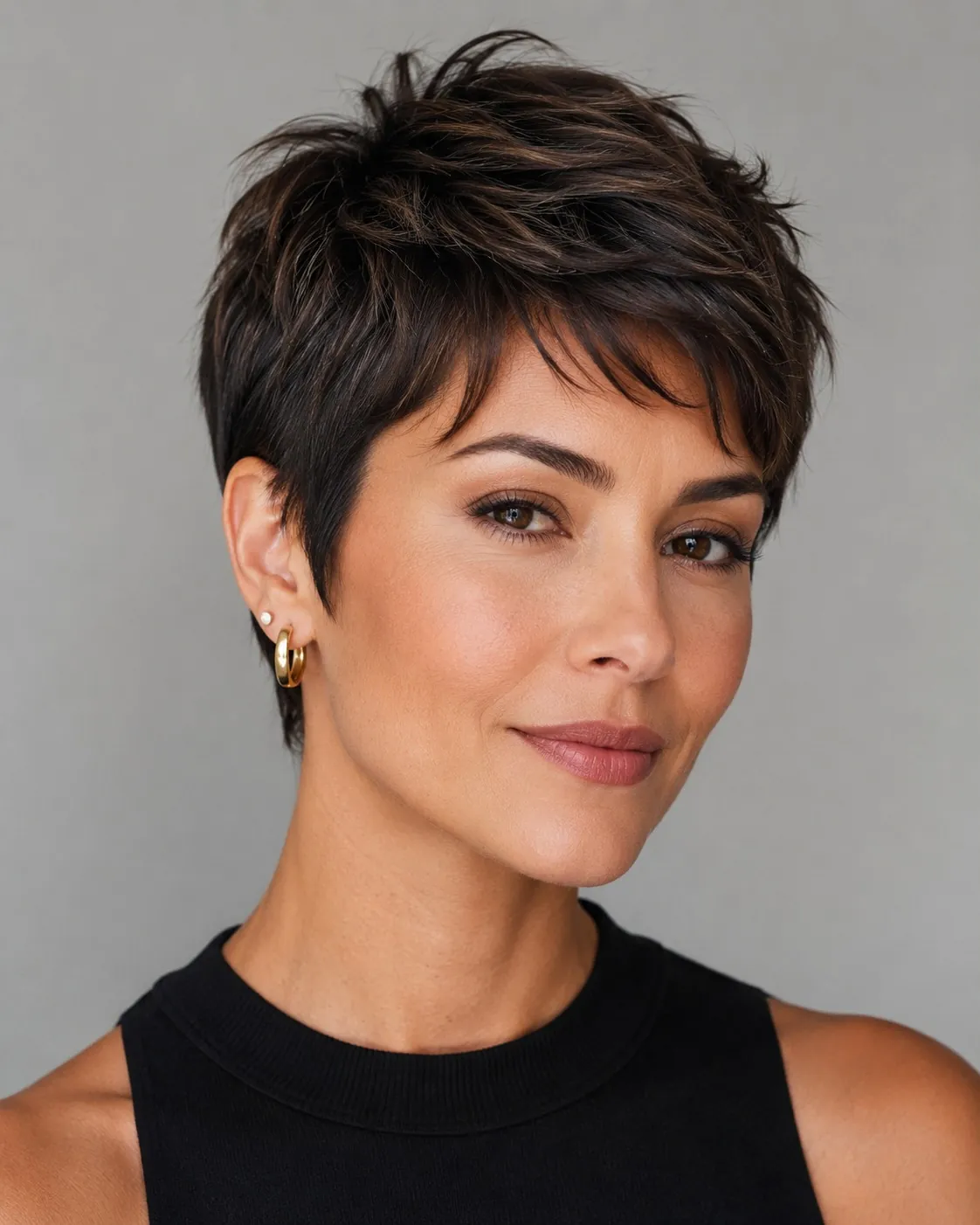 Dark spiked pixie with tapered sides and piecey front layers