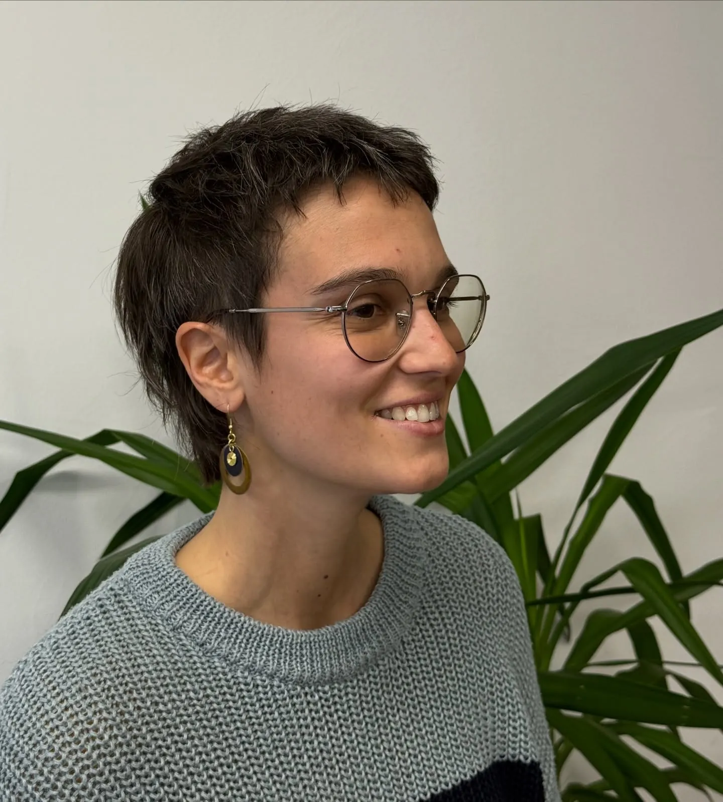 Shaggy dark pixie with a longer textured top and tapered sides