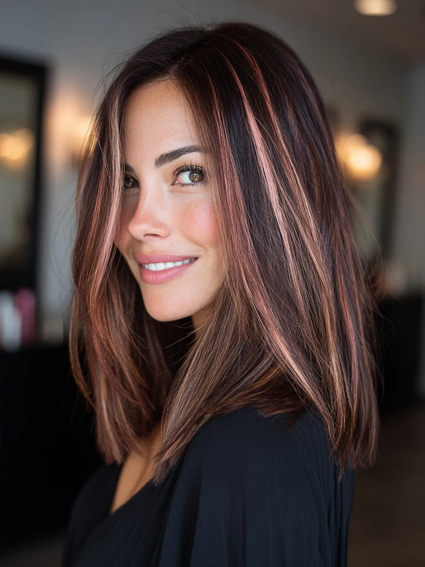 rose brown hair with subtle highlight lob