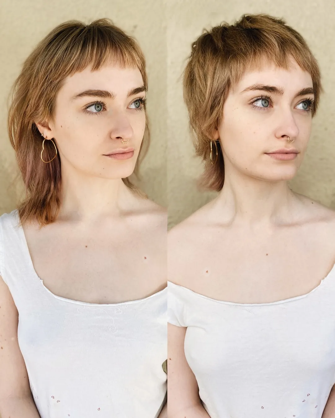 Shaggy pixie mullet with micro fringe and longer nape