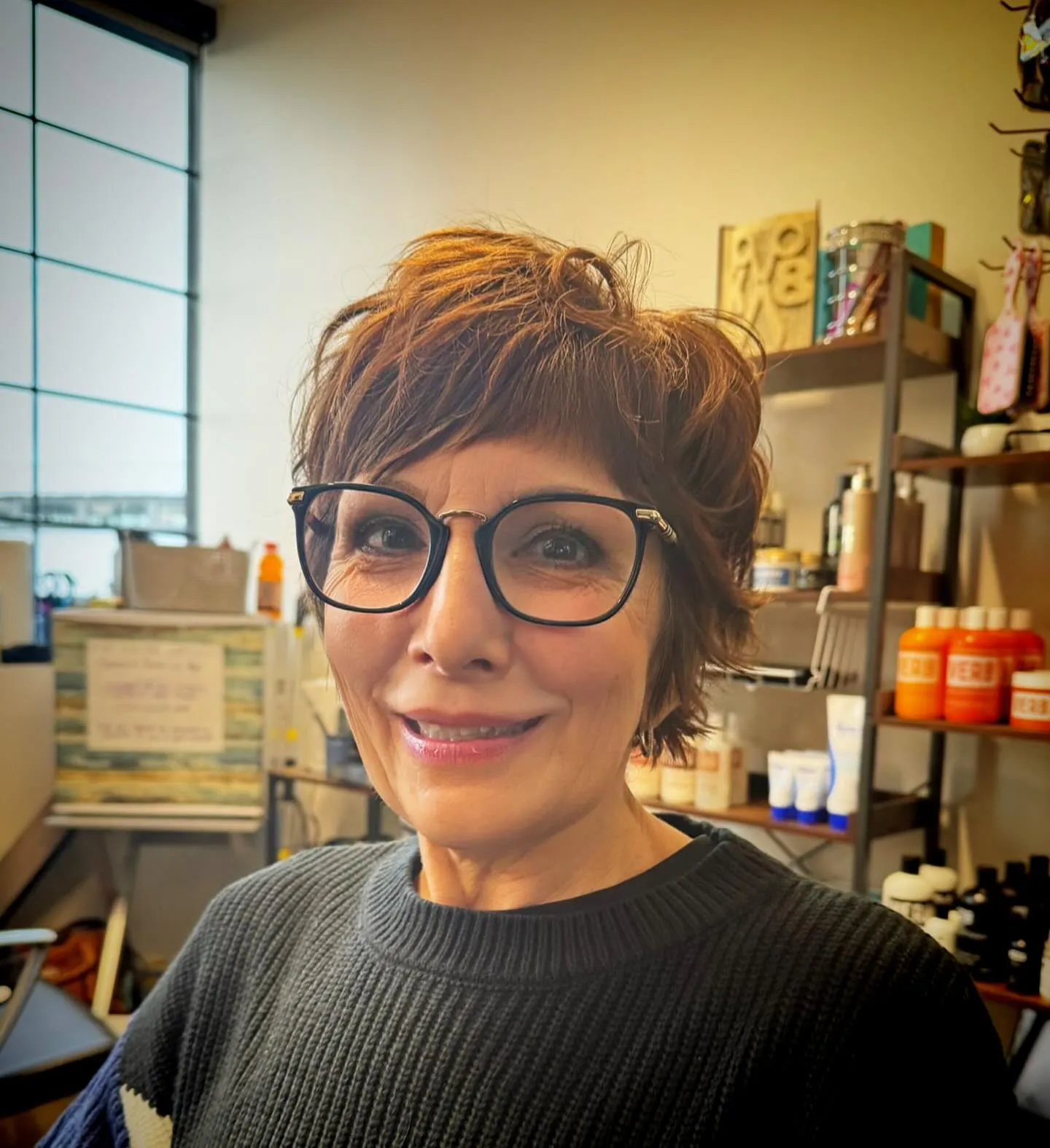Piecey side-swept shaggy pixie with textured crown