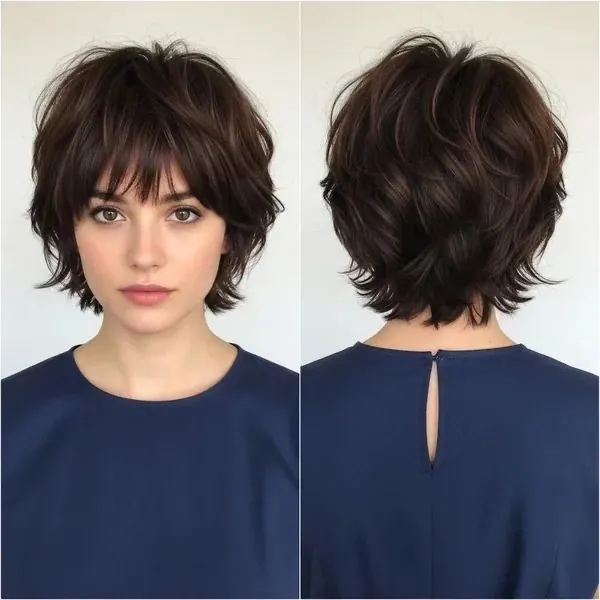 Feathered brunette shaggy pixie with curtain fringe and layered nape
