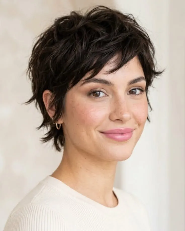 Side-swept dark shaggy pixie with longer nape pieces