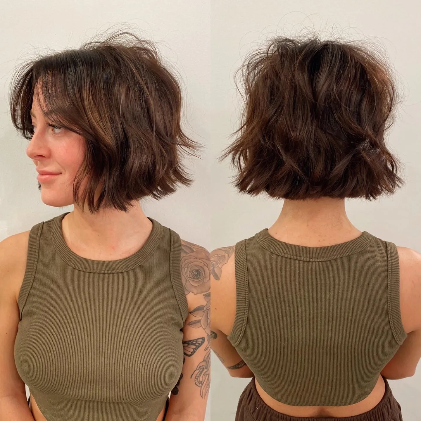 Textured wavy bob shown from front and back