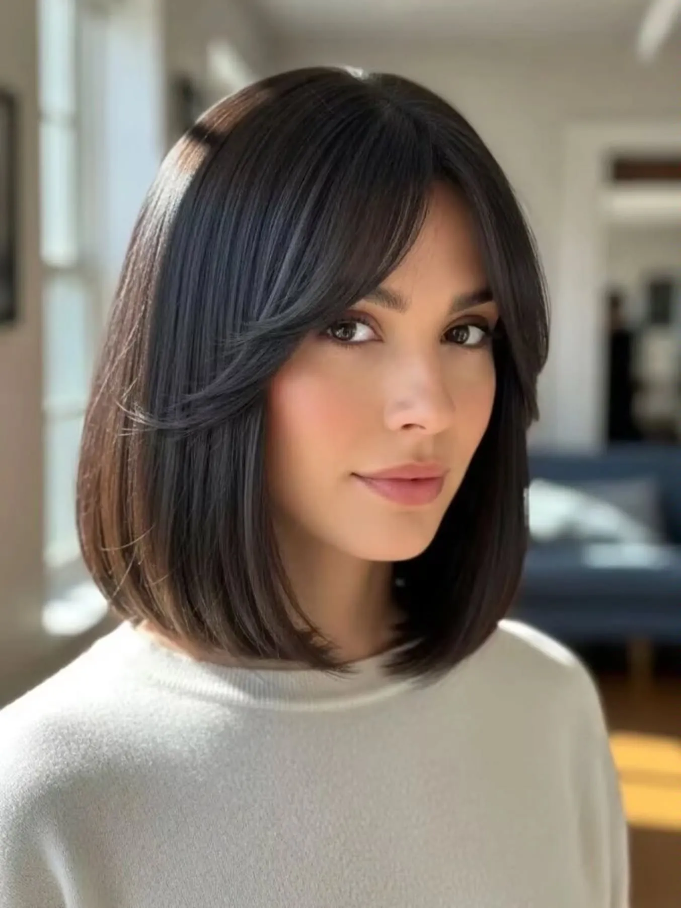 Sleek brunette bob with long curtain fringe