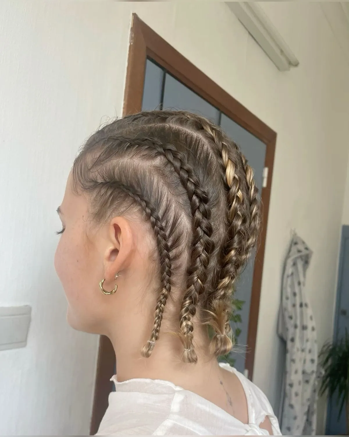 Two Dutch braids on short hair with closely cropped sides
