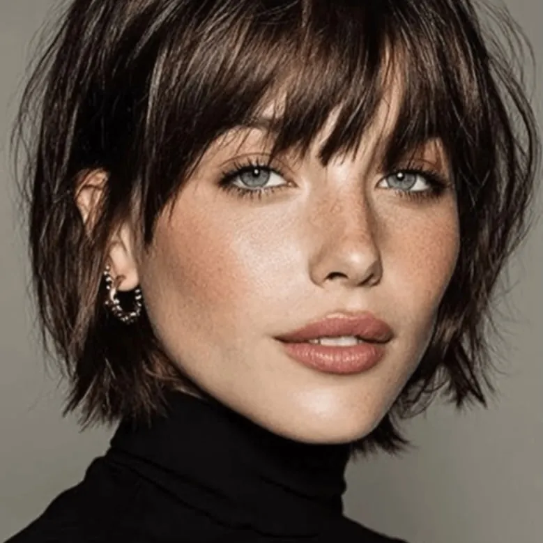 Piecey short bob with wispy eyebrow-length bangs