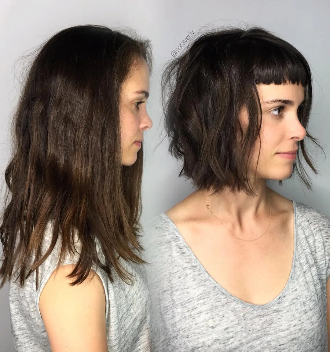 Choppy bob transformation with short wispy fringe
