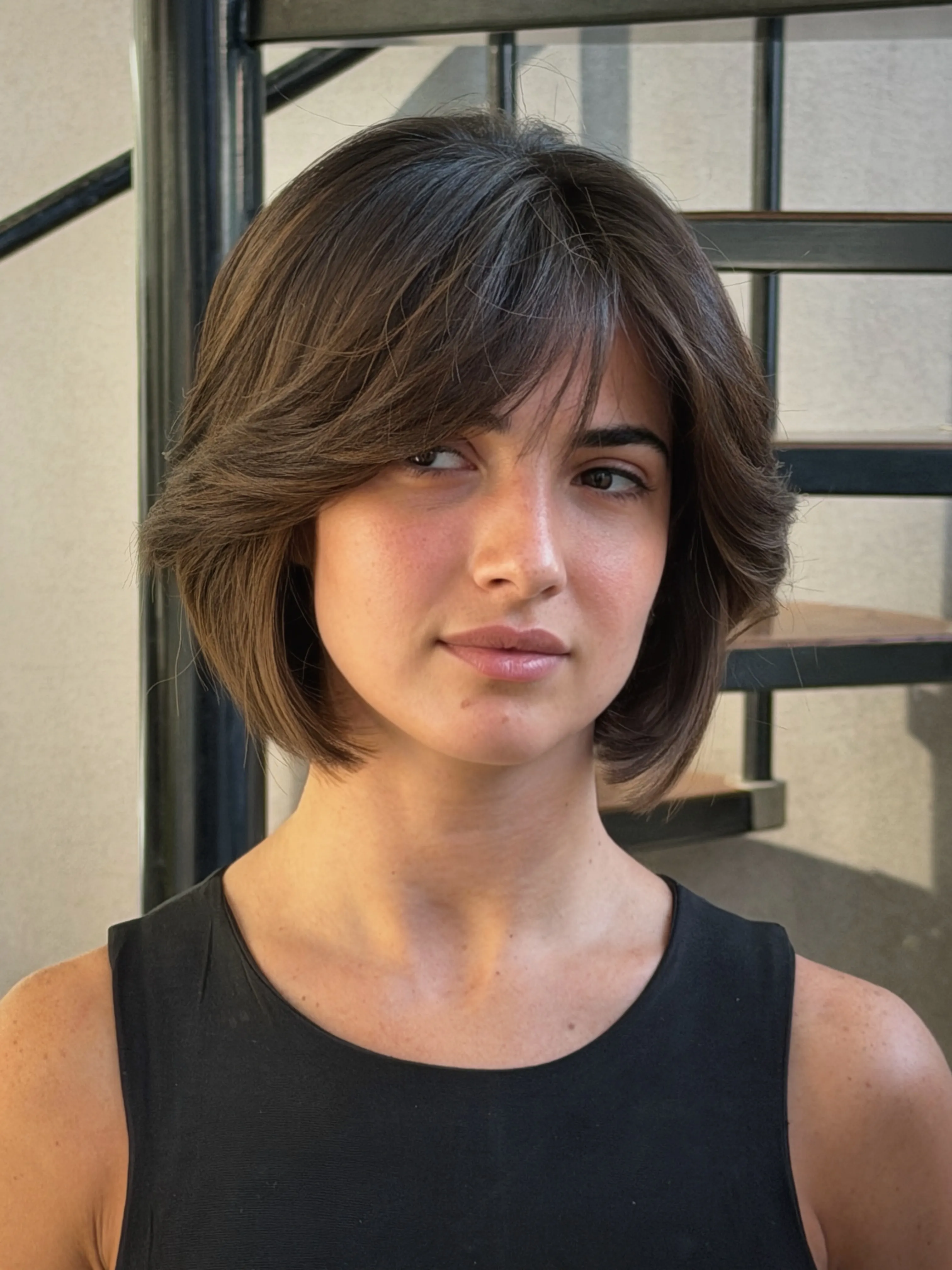 Rounded short bob with face-framing side fringe