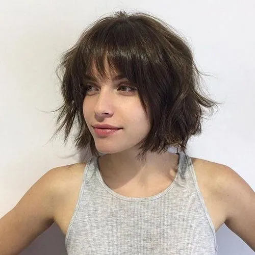 Dark textured shag bob with wispy fringe