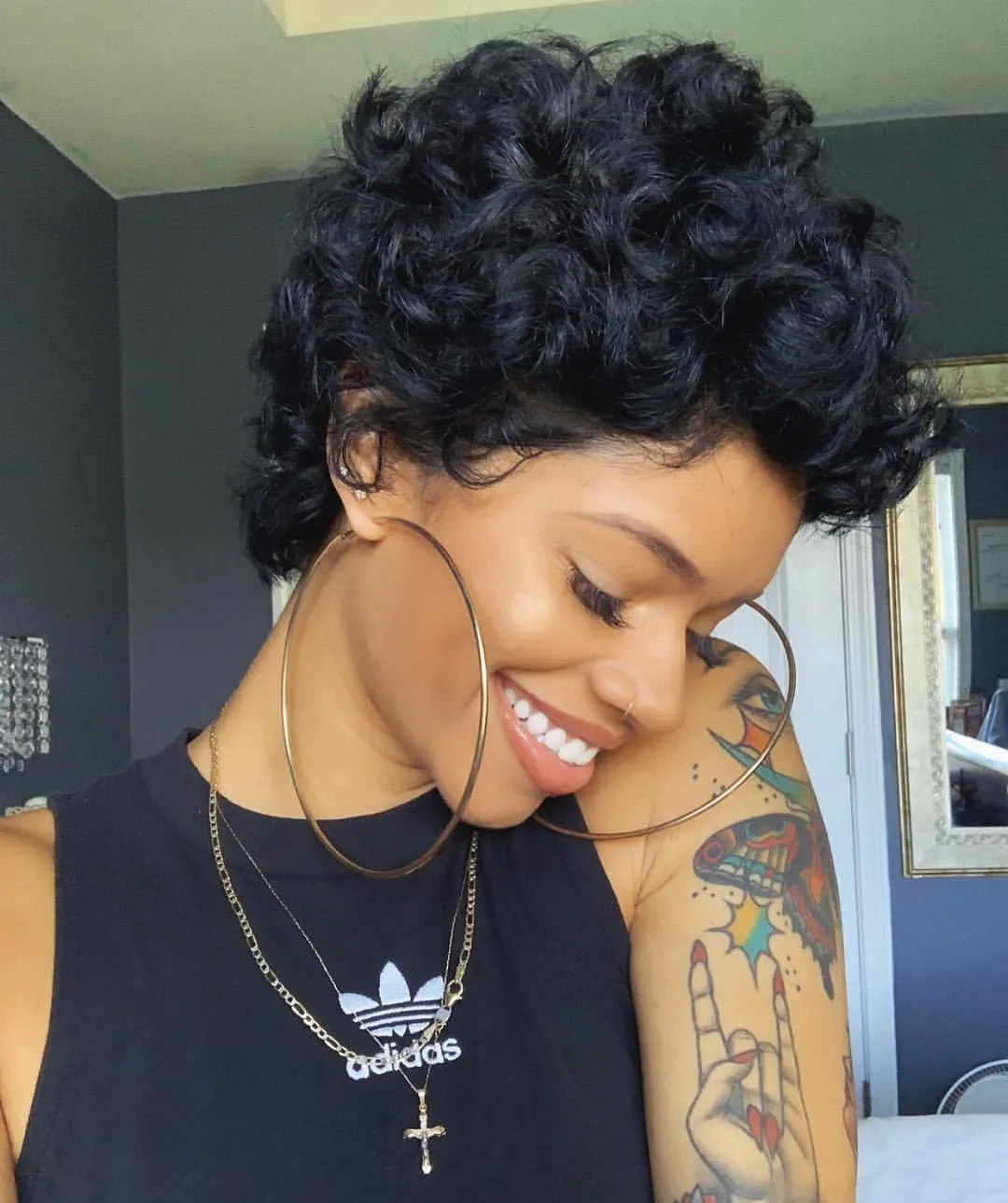 Soft curled pixie with short shaped sides