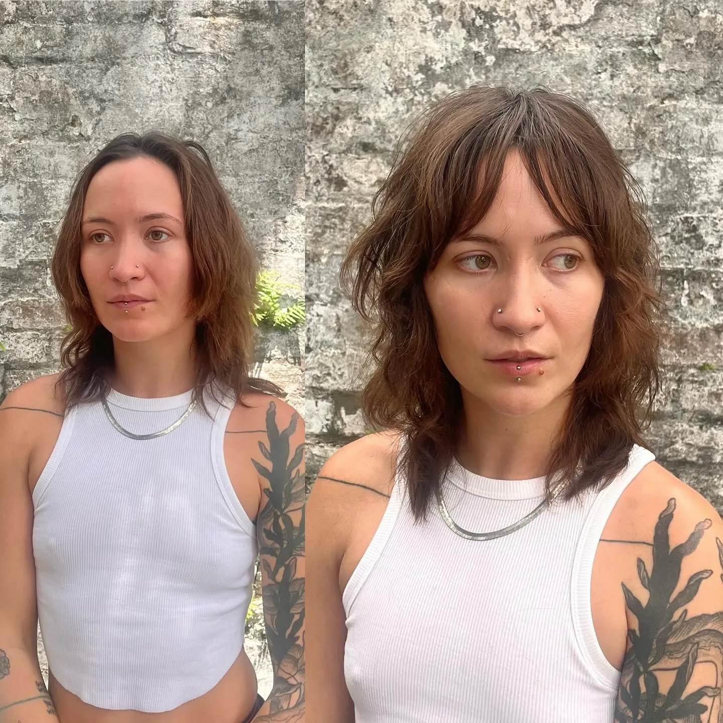 Brunette shag with curtain bangs and soft shoulder-skimming layers