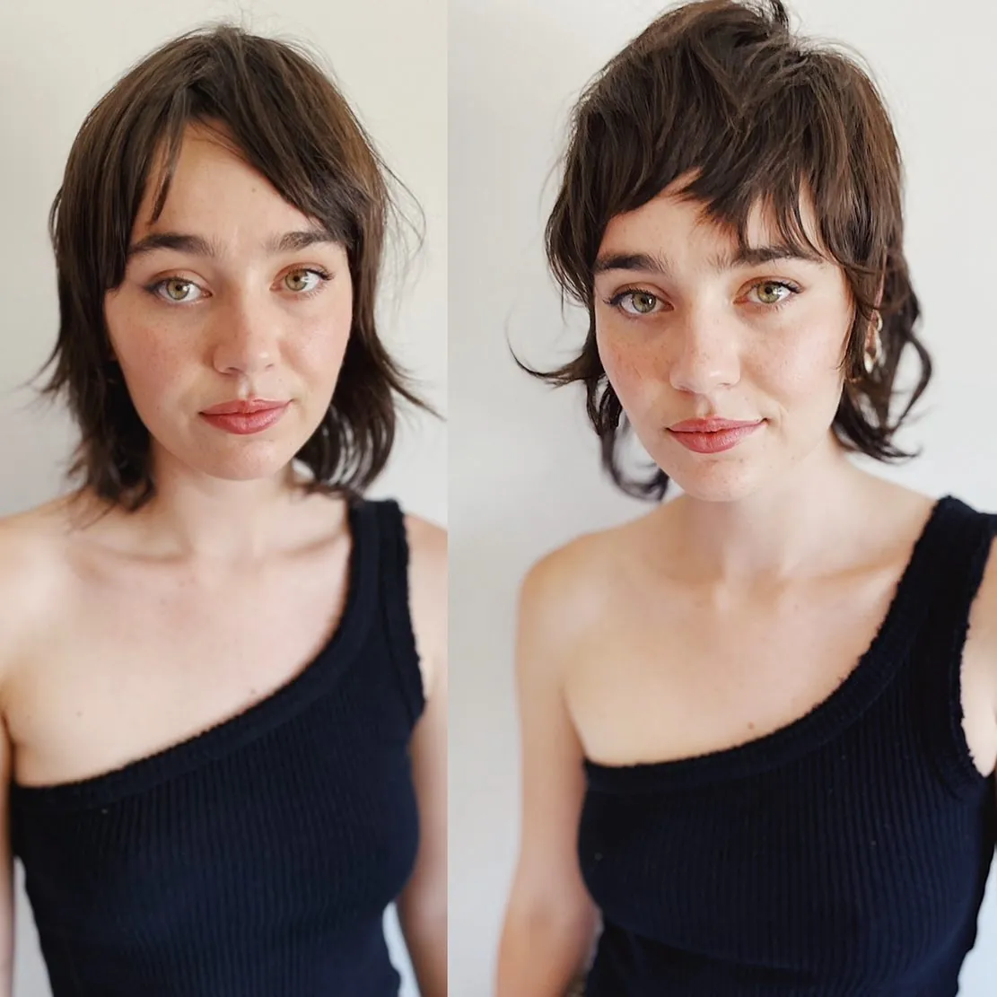Brunette short shag with piecey fringe and flipped side layers