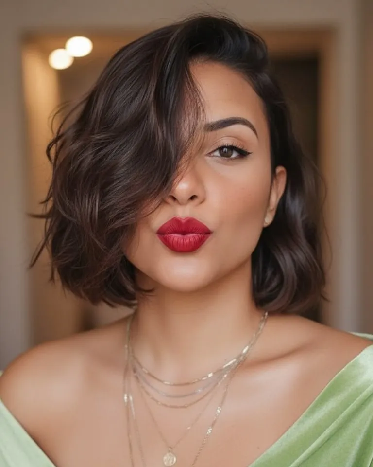 Side-swept wavy lob with sculpted volume