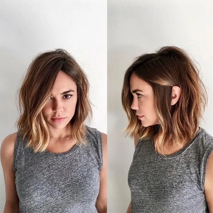Tousled side-part lob shown from front and side