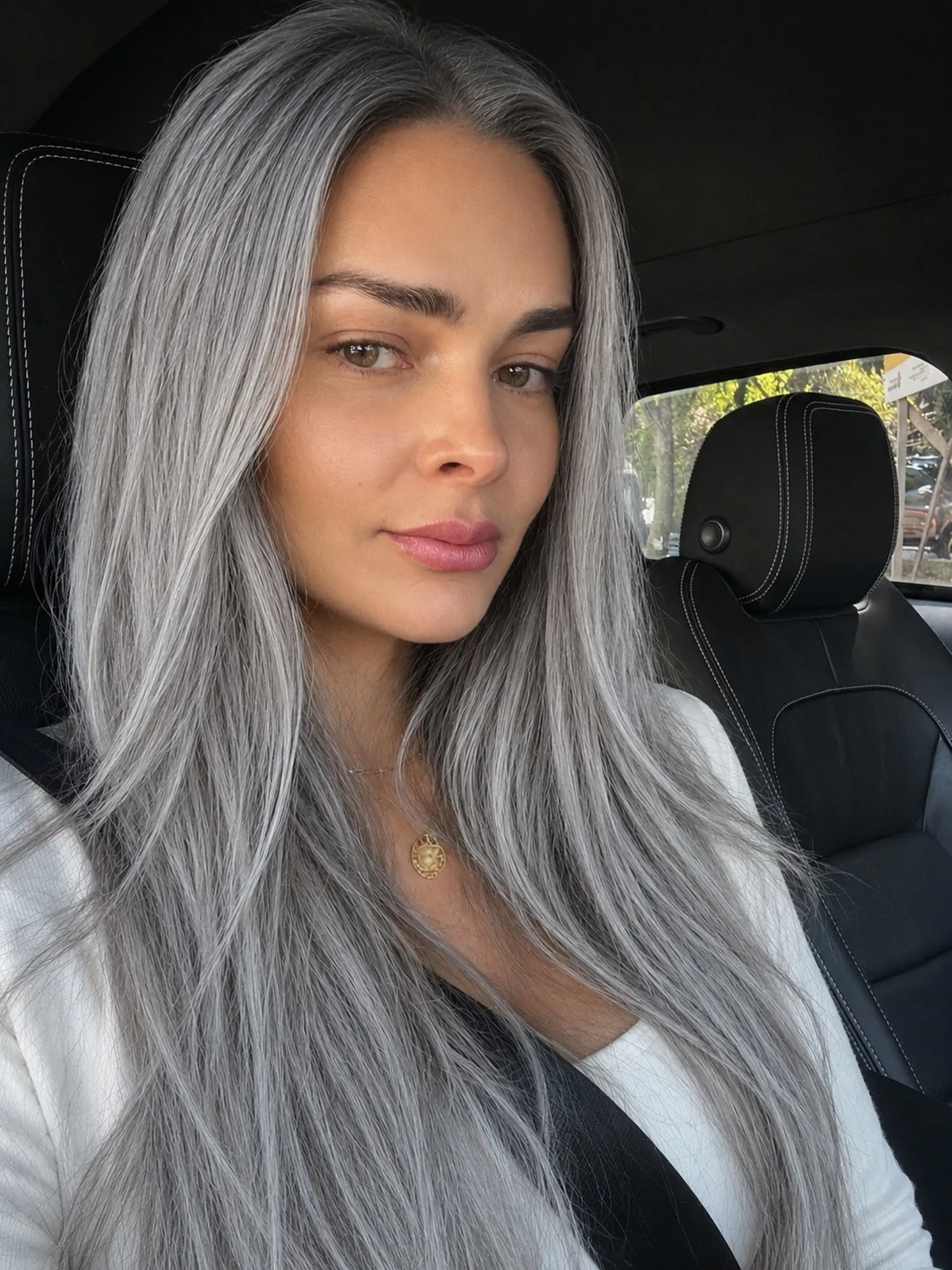 Long steel silver hair with dark root depth