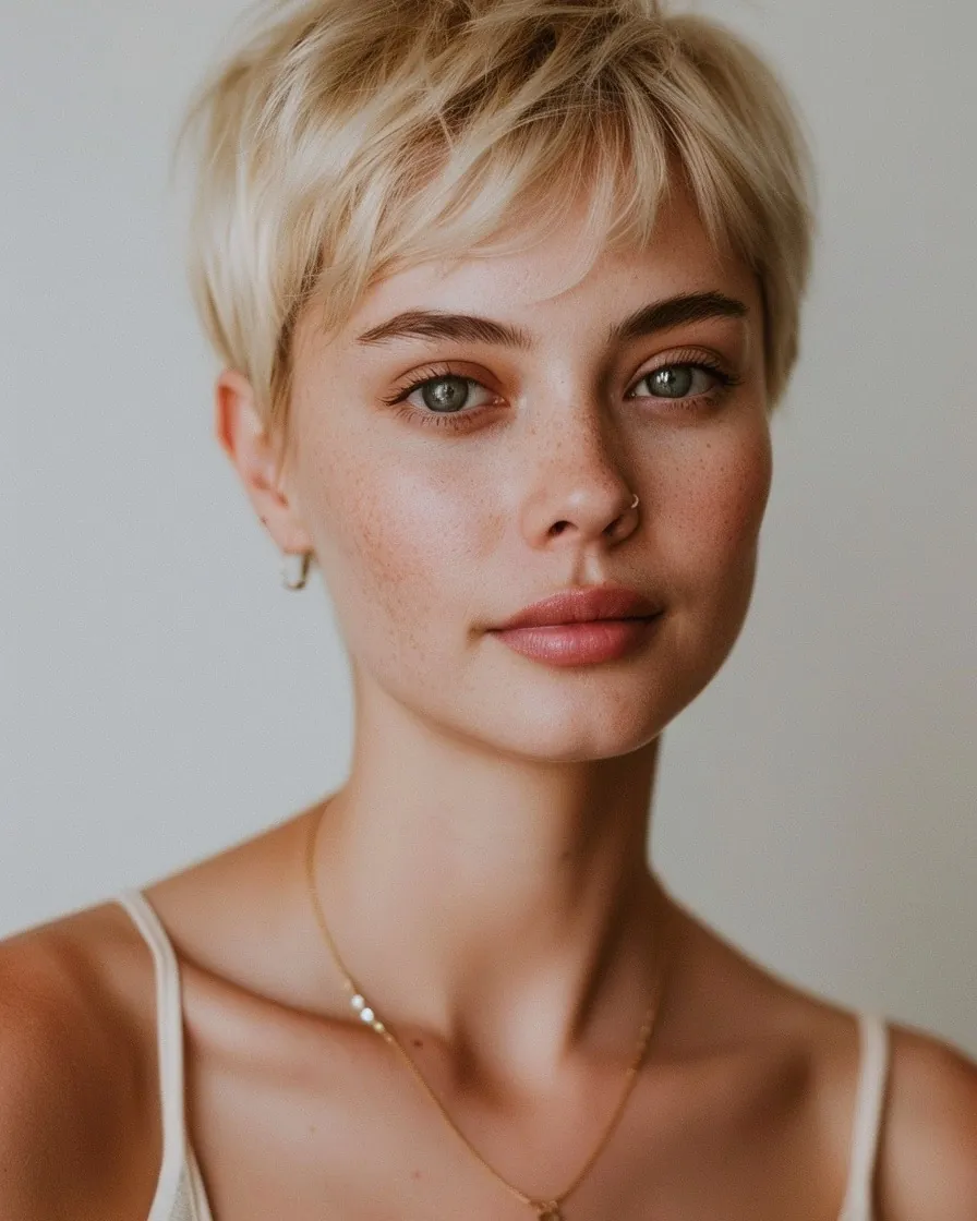 Soft blonde pixie with smooth short fringe and tapered sides