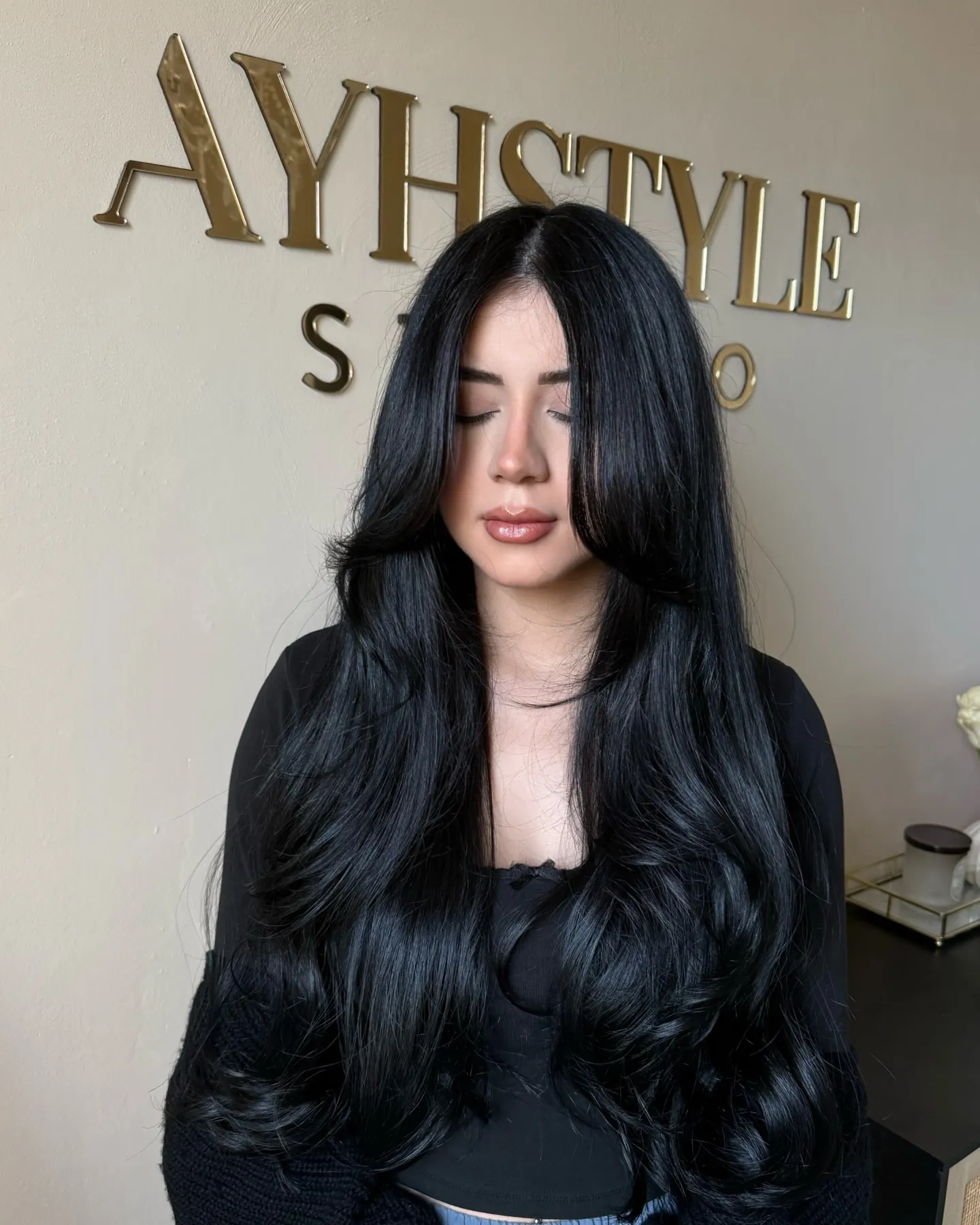Extra-Long Black Curls showing soft black hair colour