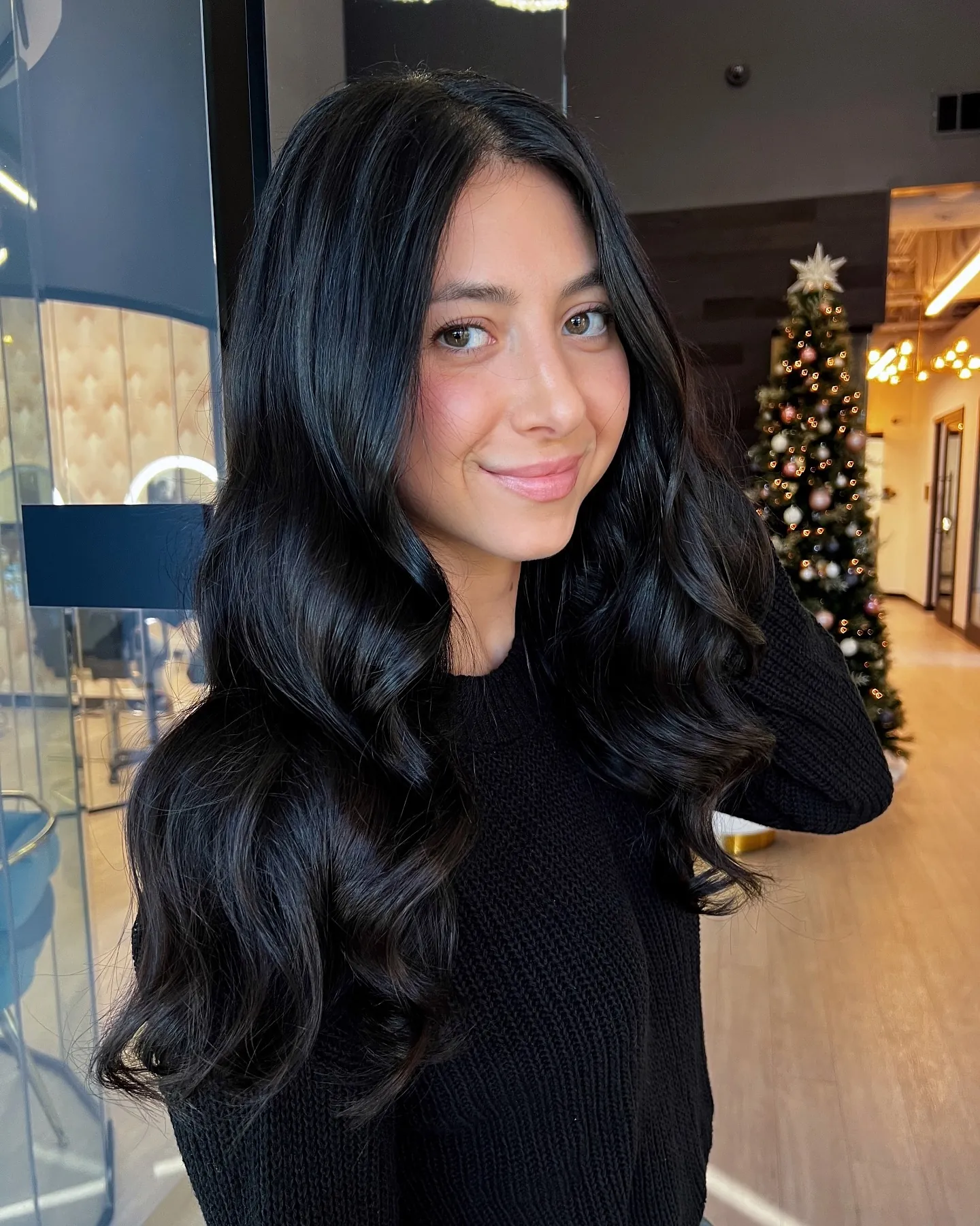 Glossy Soft Black Waves showing soft black hair colour