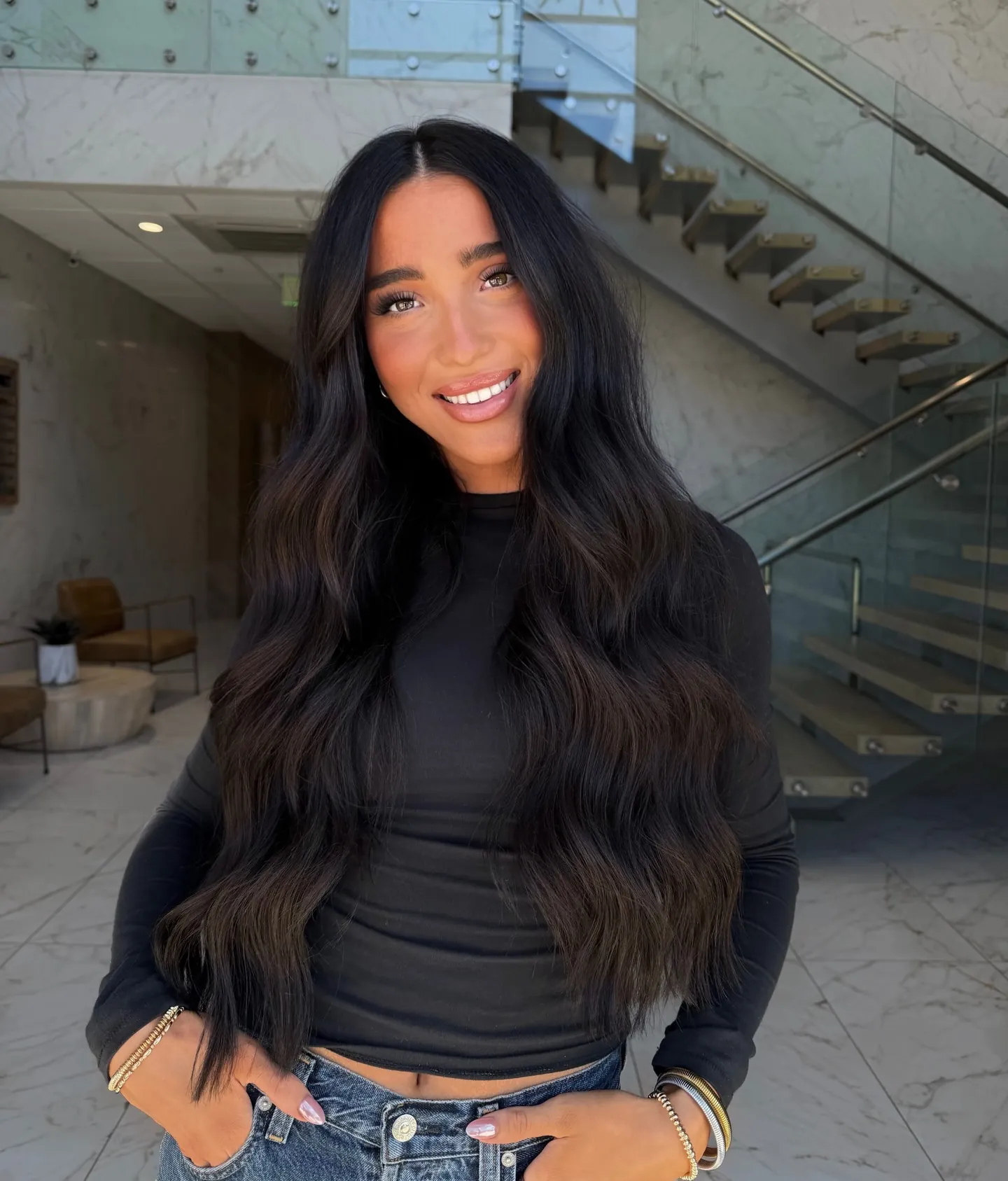 Extra-Long Black Waves showing soft black hair colour