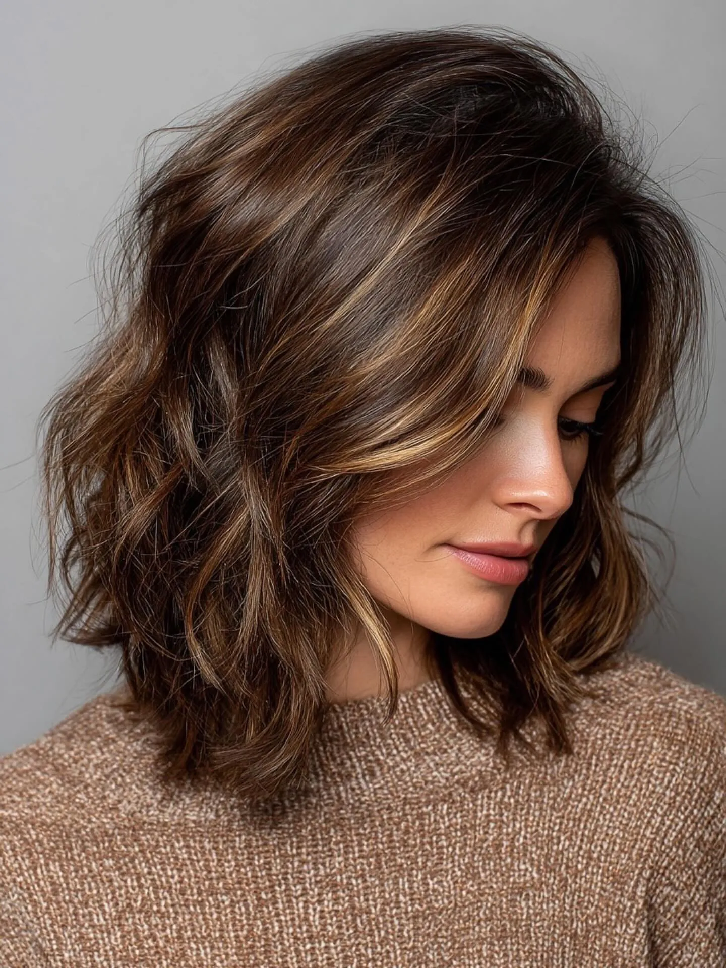 Voluminous wavy lob with deep side movement