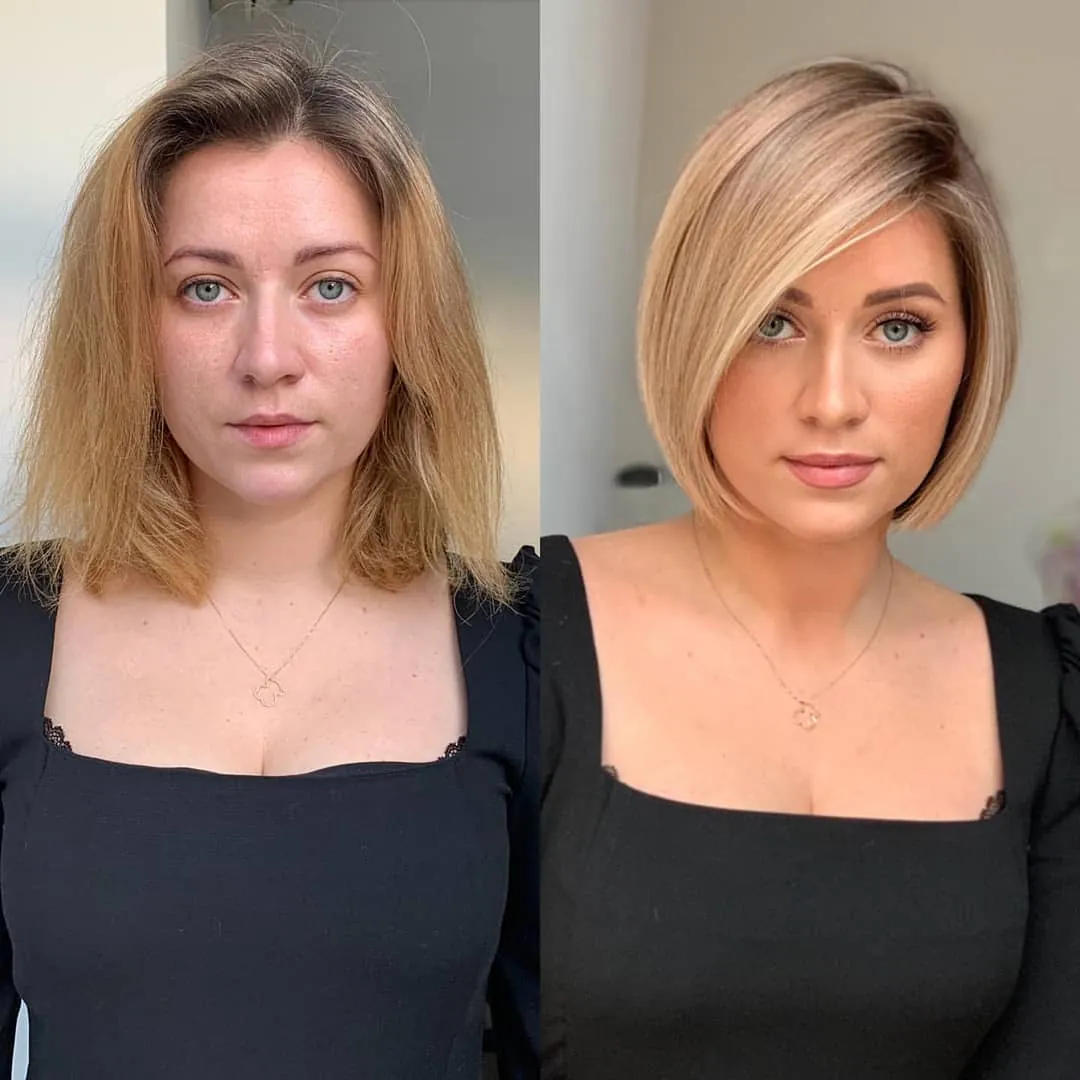 stacked bob with curtain bangs