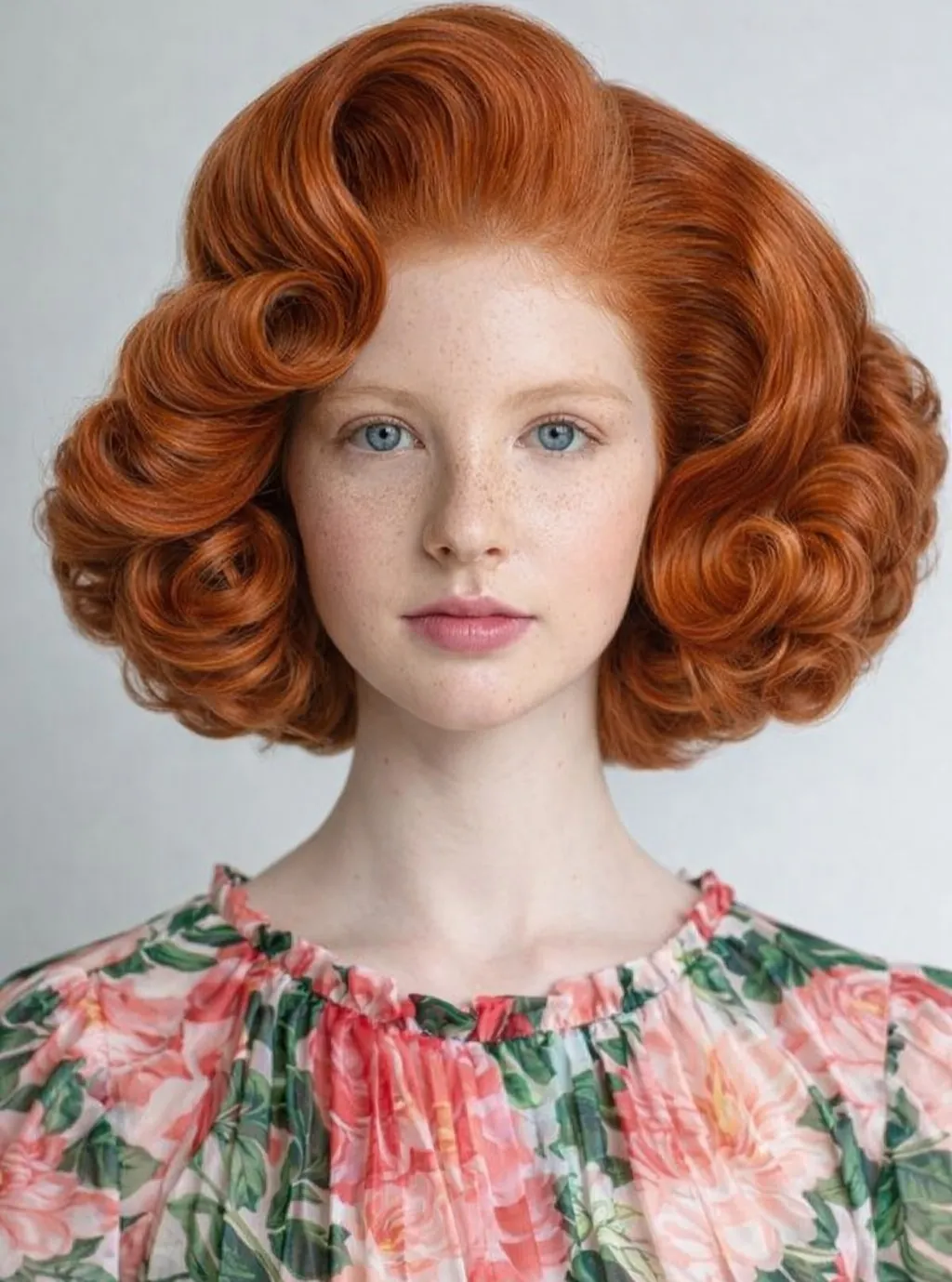 Sculpted copper Victorian ringlets arranged around the sides