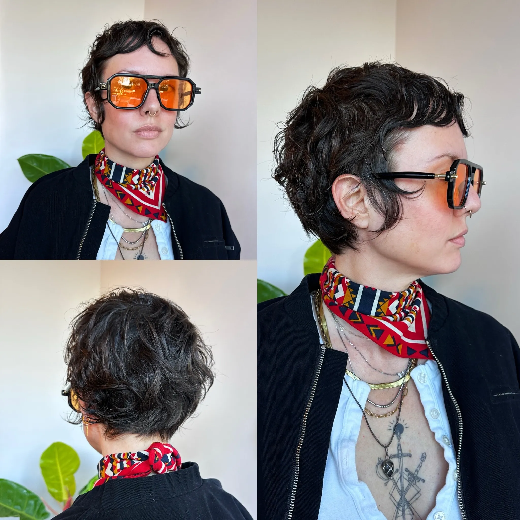 Short dark tapered pixie shown from front side and back