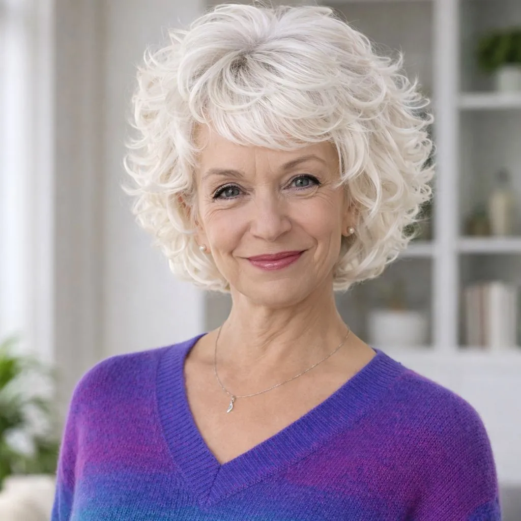Rounded short silver bob with defined curls
