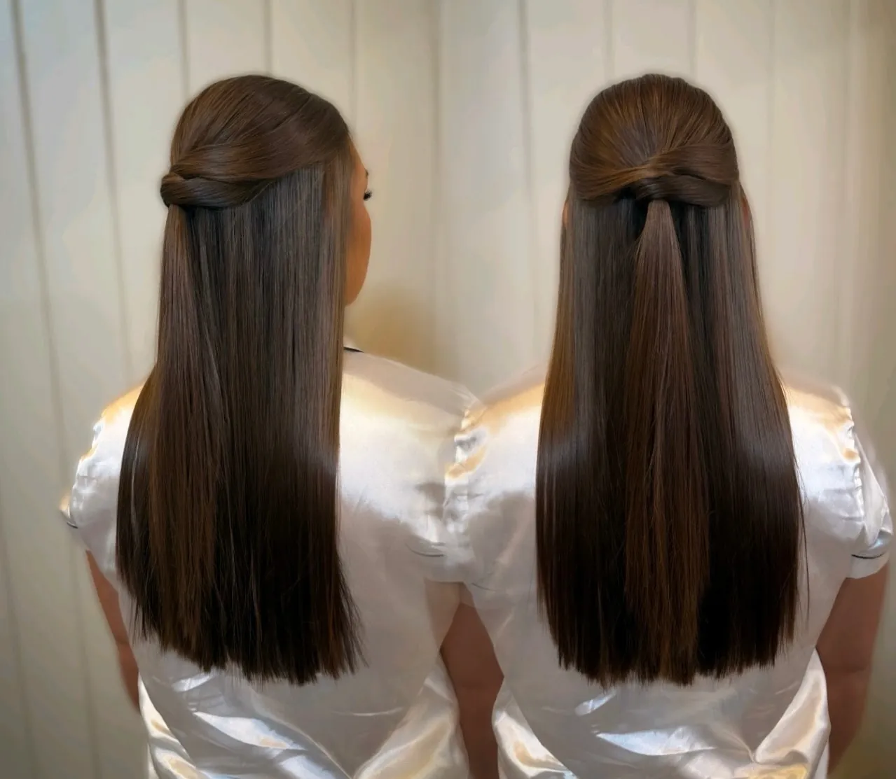 Long straight hair with a looped half-up knot
