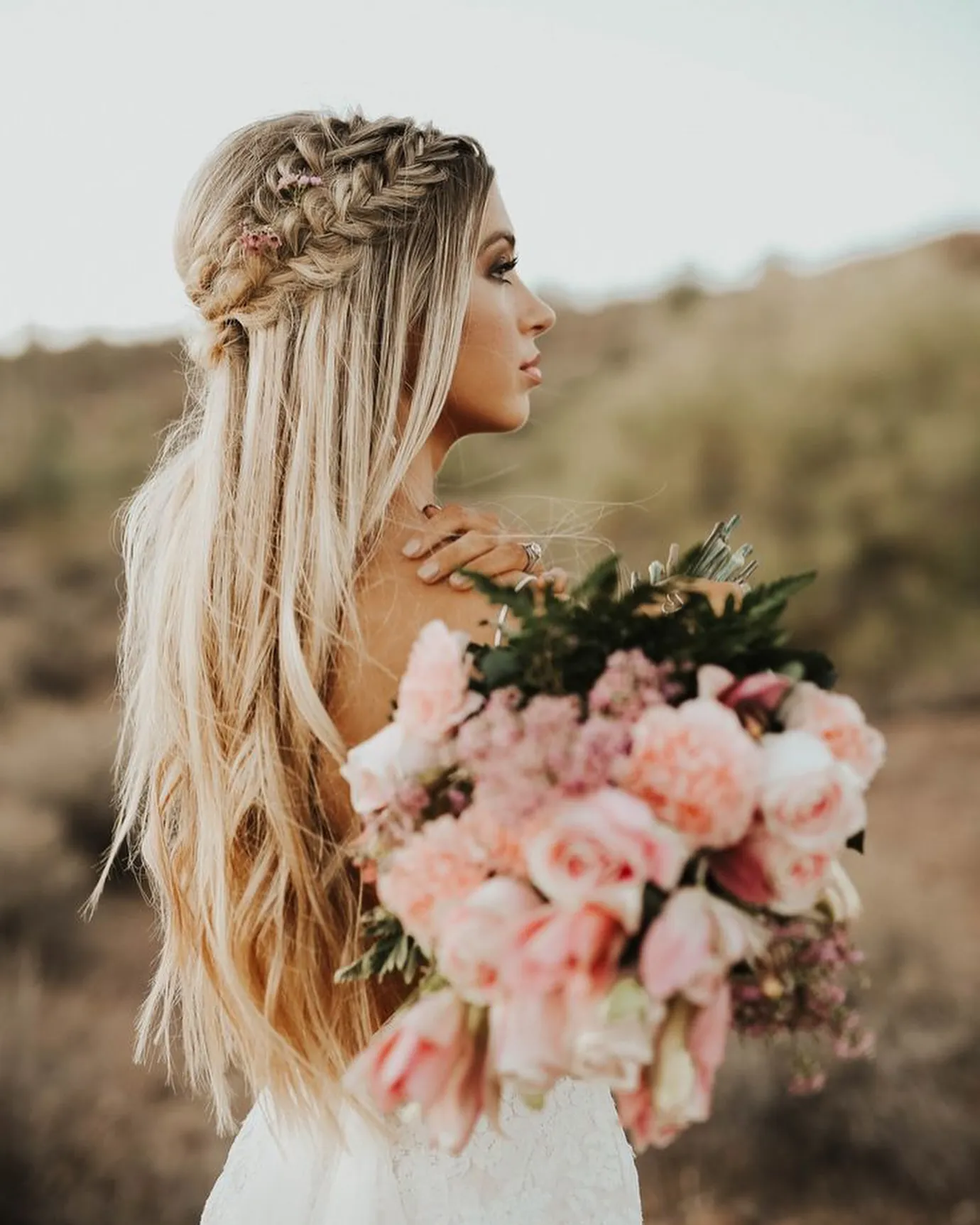 Long straight bridal hair with braided half-up crown