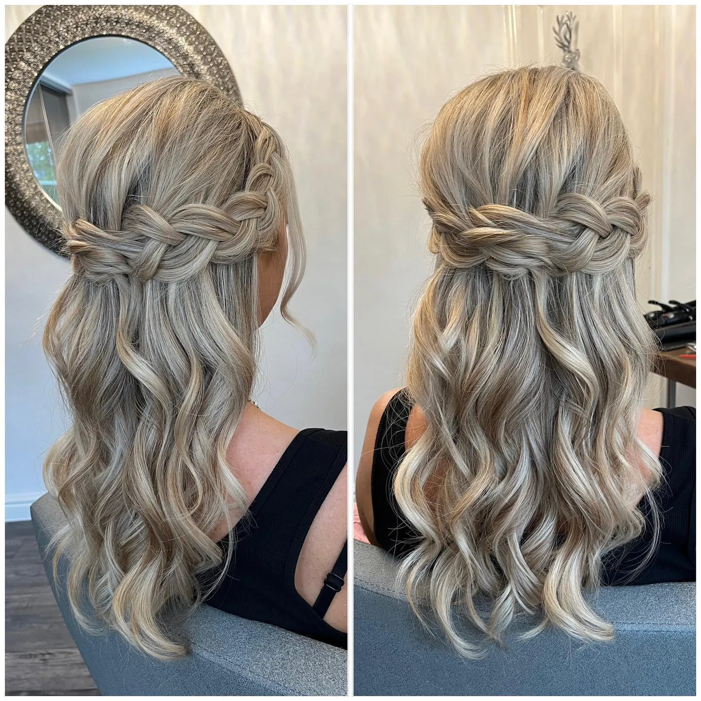 Blonde half-up hairstyle with side braids and loose waves