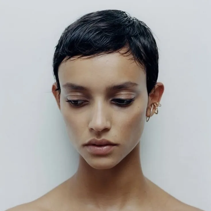 Short dark pixie slicked smoothly to one side