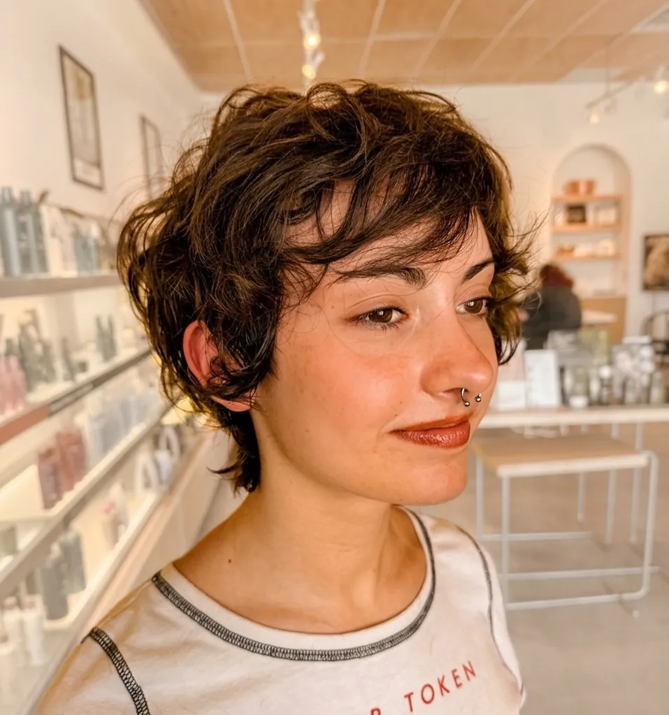 Short pixie with loose wet curls around the face