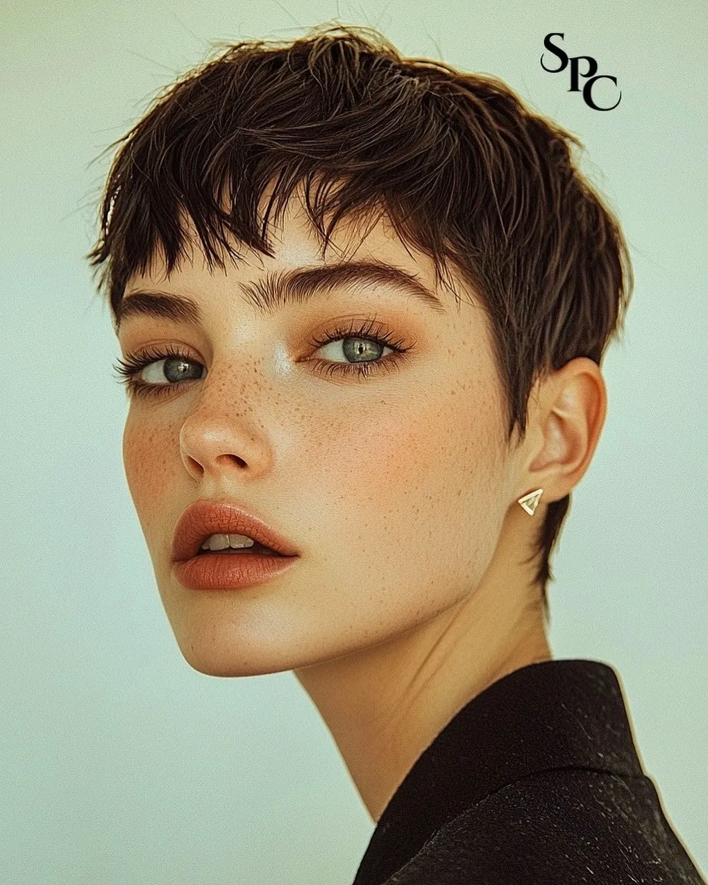 Piecey textured pixie with short choppy fringe