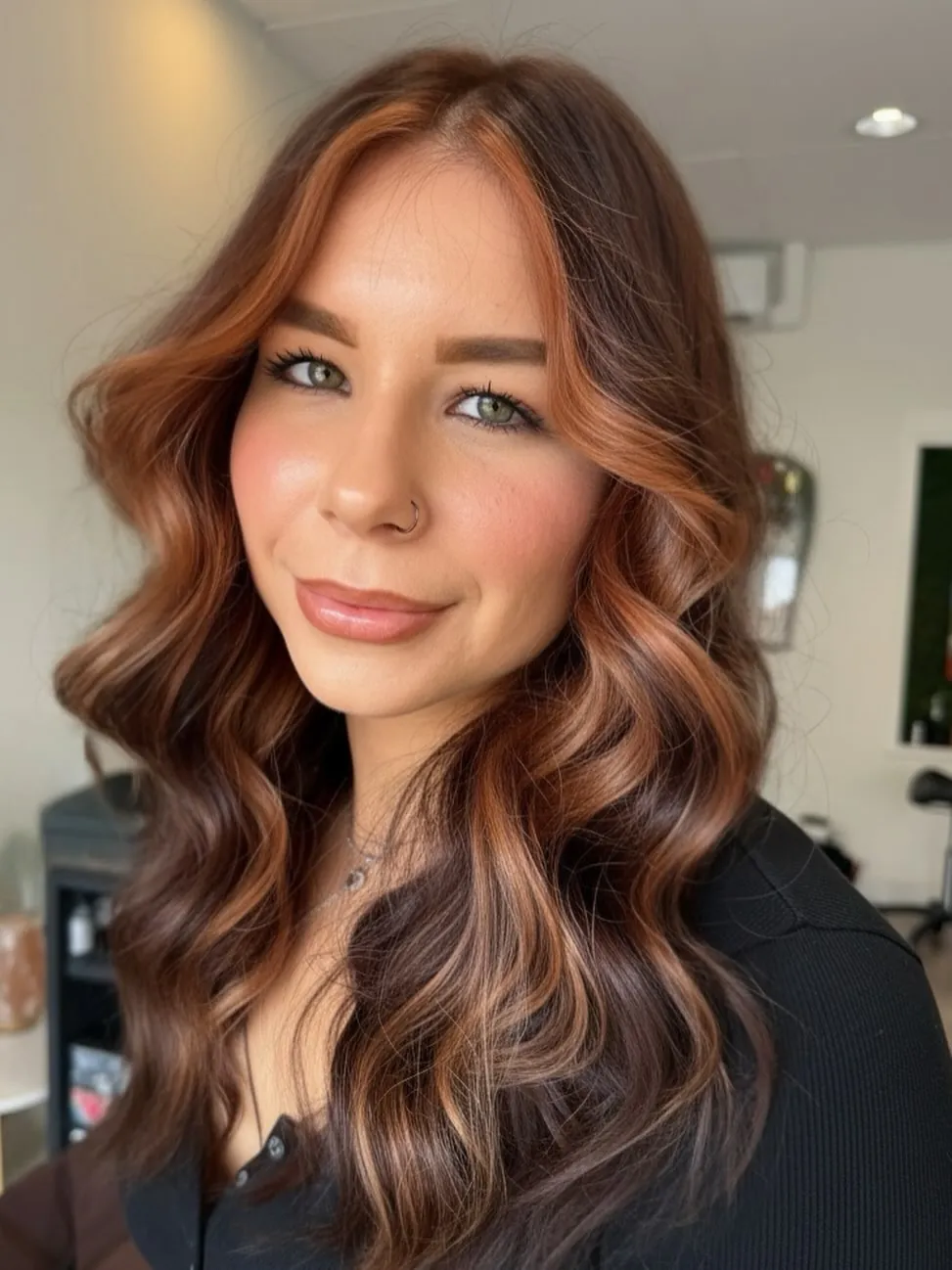 Long dark copper waves with lighter face-framing sections